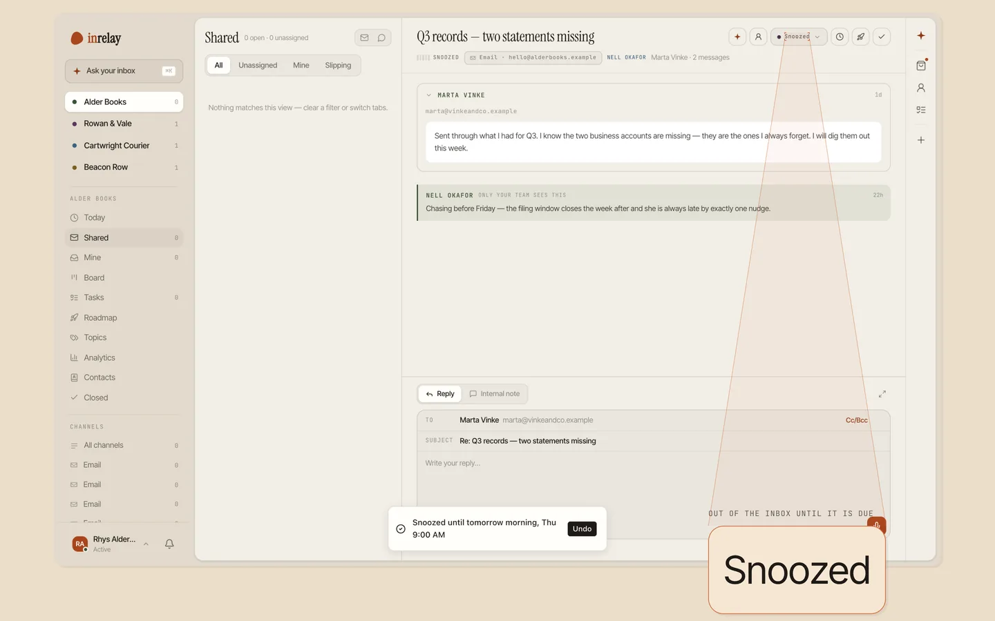 A client conversation about missing documents, snoozed out of the inbox until it is due, with the snoozed badge magnified in a detail panel