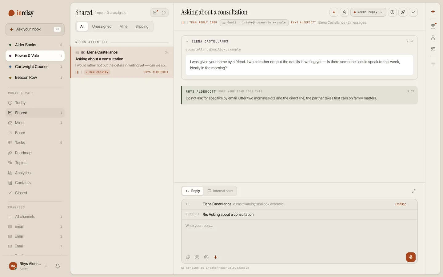 An intake enquiry in the shared inbox, tagged as a new enquiry, with an internal note the client never sees