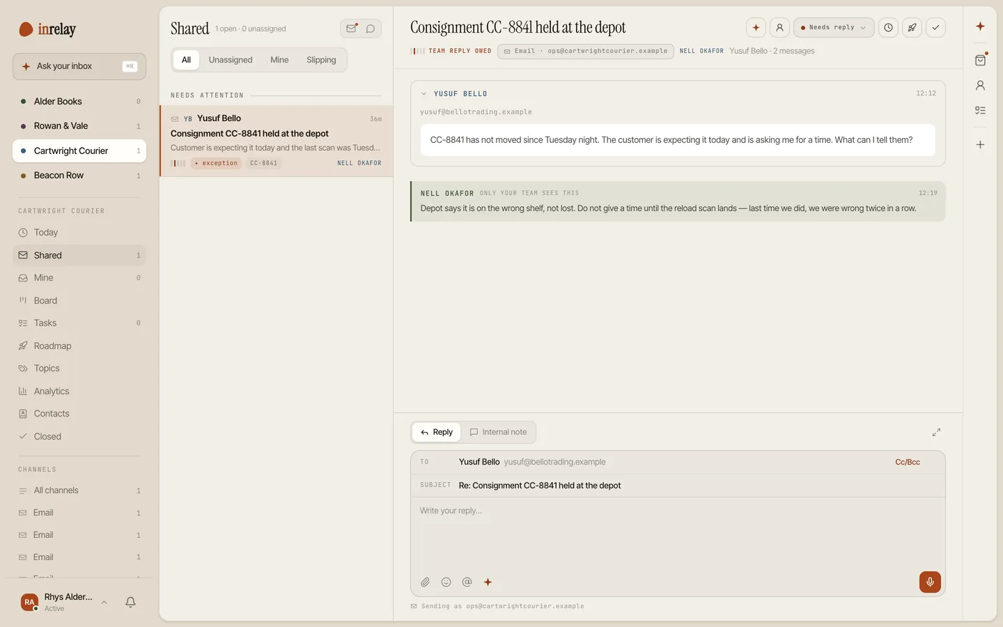 An exception thread tagged urgent with an owner and internal note