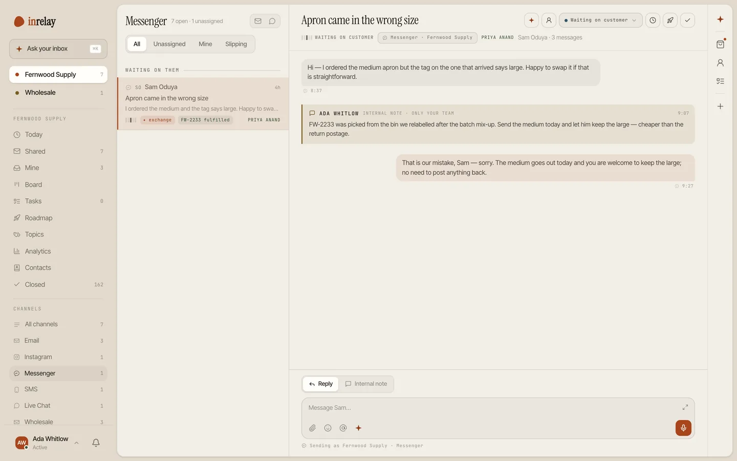 A Messenger conversation in the shared inbox with an internal note and assignee