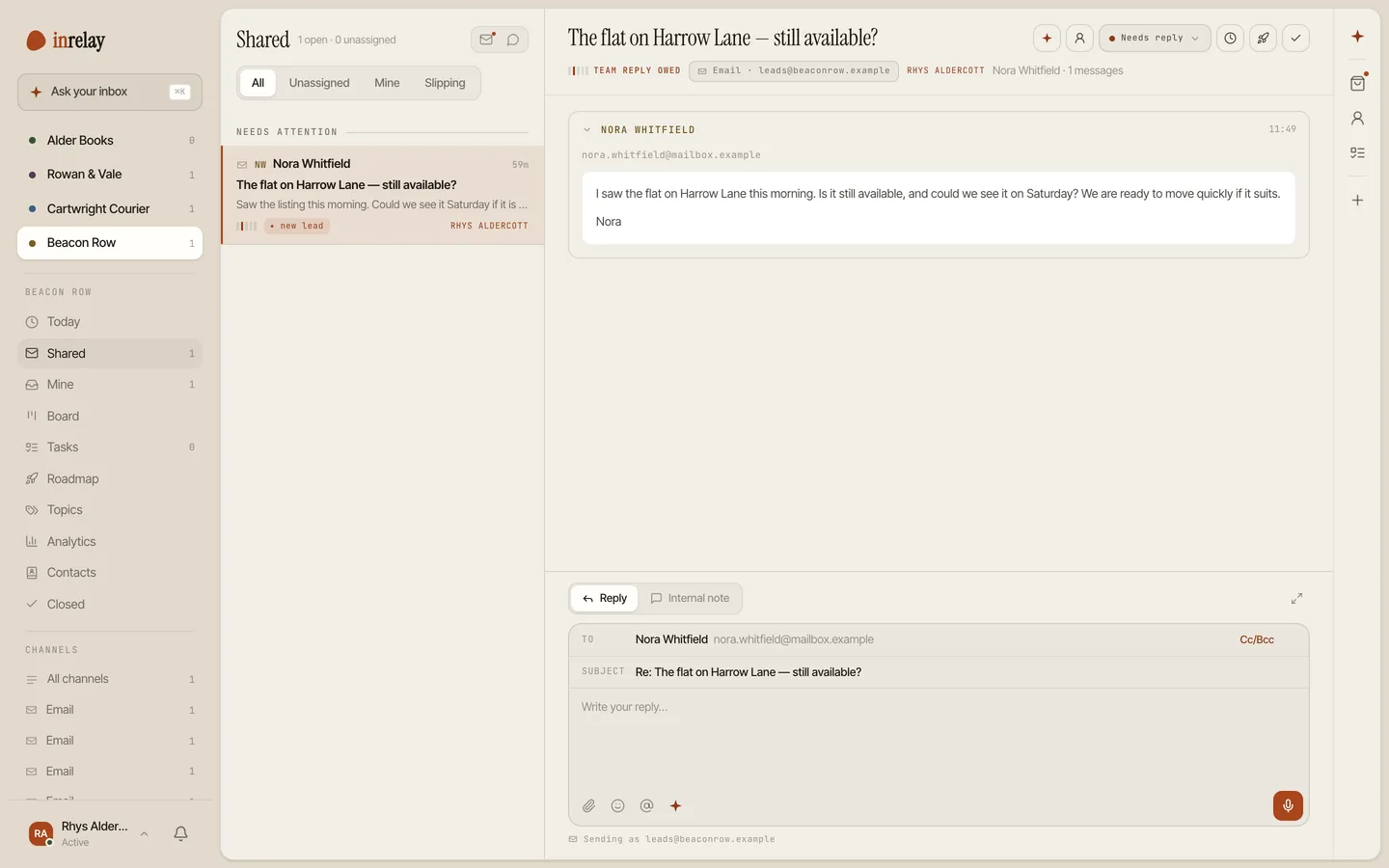 The leads queue with a new-lead tag and owner on a listing inquiry