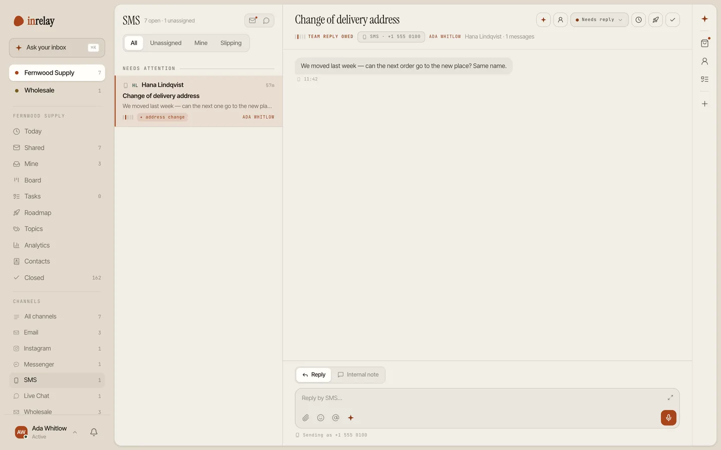 A text-message conversation in the shared inbox, alongside email and chat