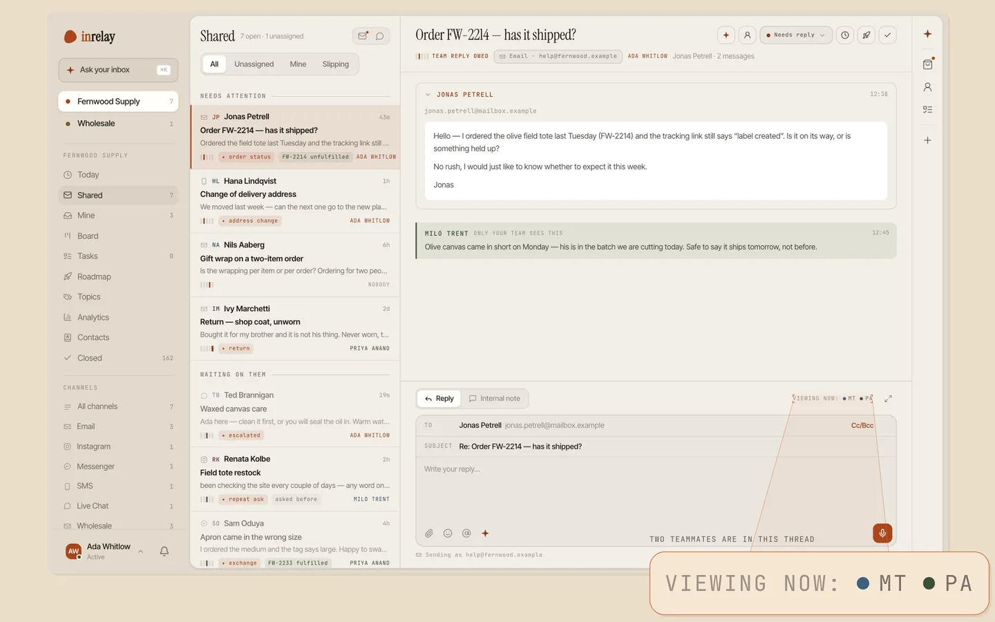 One conversation open with two teammates viewing it at the same time, shown by their initials beside the reply box, magnified in a detail panel