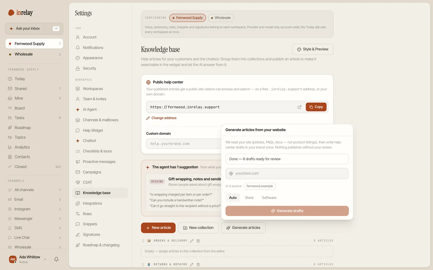 The generate-articles panel