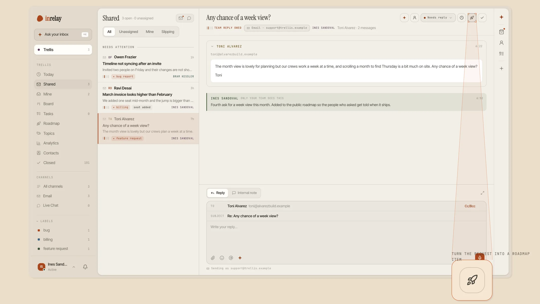 A feature request open in the shared inbox, with the Add to roadmap action magnified in a detail panel
