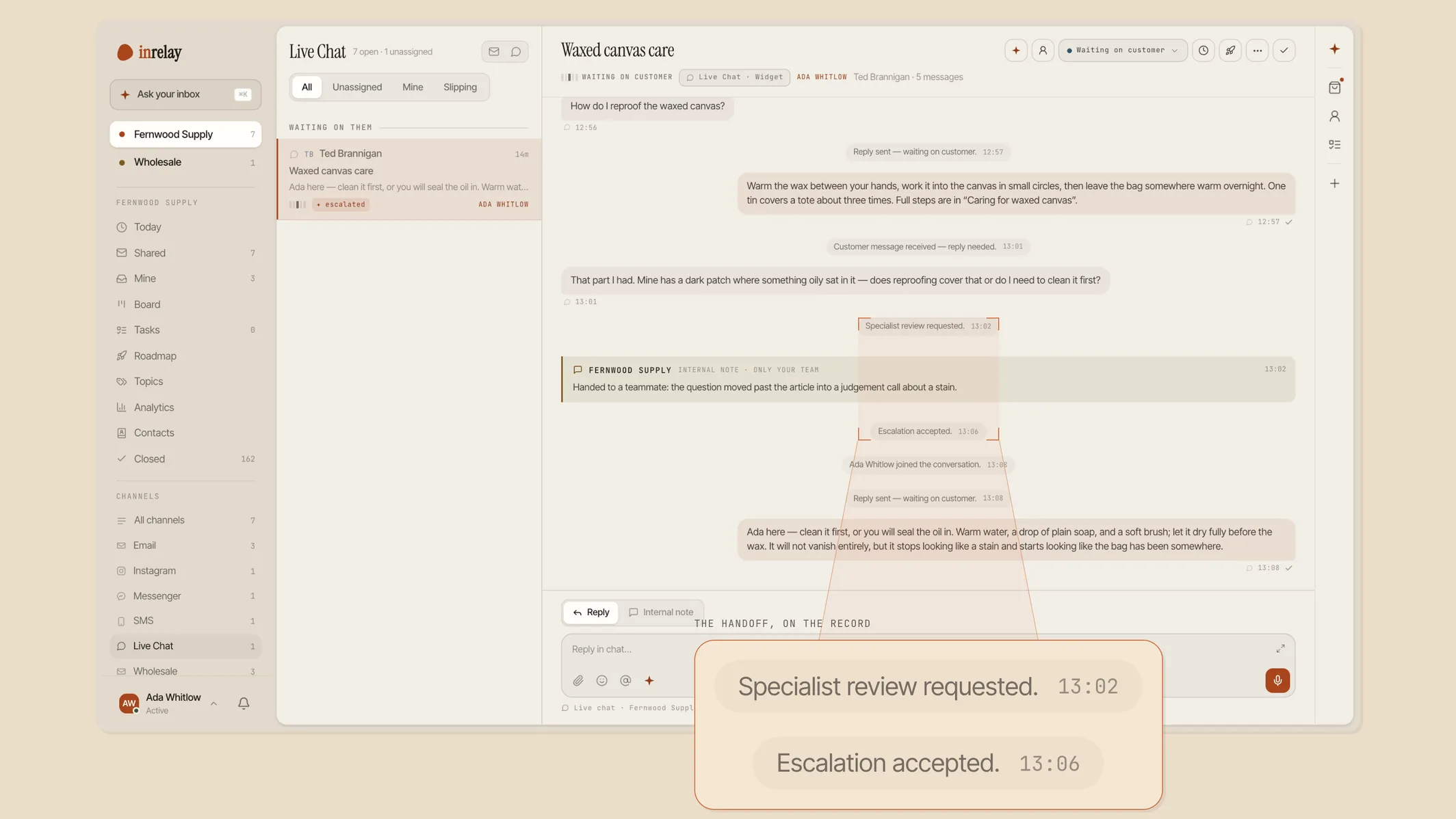 A recorded handoff on the internal timeline
