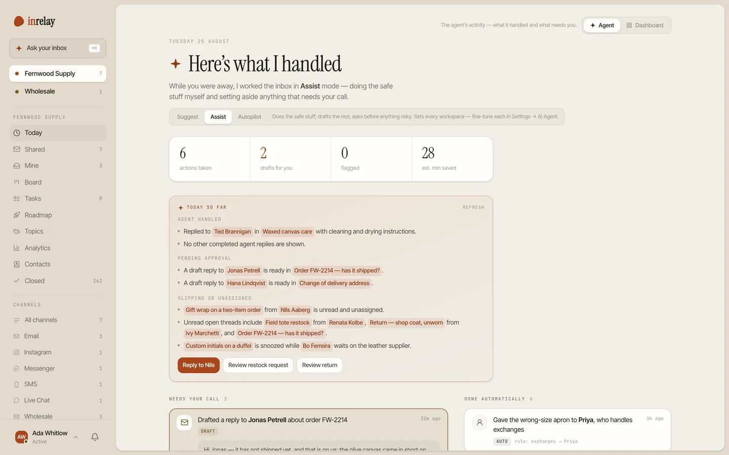 The inrelay approval queue with drafts awaiting review