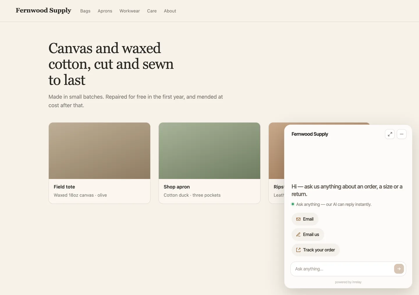 The chat widget open on a shop page