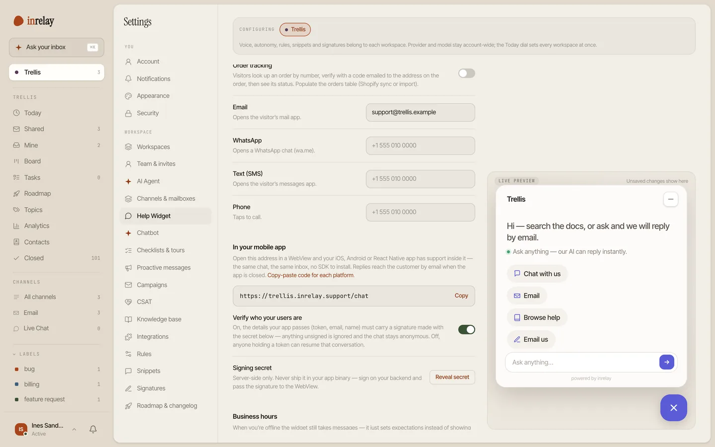 The In your mobile app settings block with the verification toggle